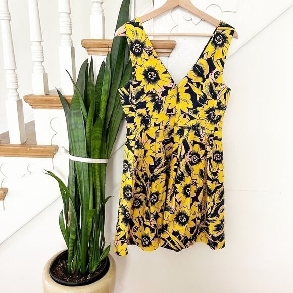 J. Crew Yellow Navy Blue Sunflower Print Sleeveless V-Neck A-Line Dress - Picture 4 of 5
